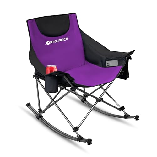 KINGROCK Oversized Rocking Camping Chair with Headrest and Carry Bag, 260LBS Capacity Folding Portable Camp Chairs for Adults, Recliner for Outdoor, Beach, Fishing, Travel, Sports Games,Purple