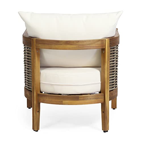 Christopher Knight Home Burchett Outdoor Acacia Wood Club Chair with Cushions, Lounge Chair for Patio Backyard, Stylish Garden Seating, Open Slat Design, PE Rattan Weaving, Brown+Beige
