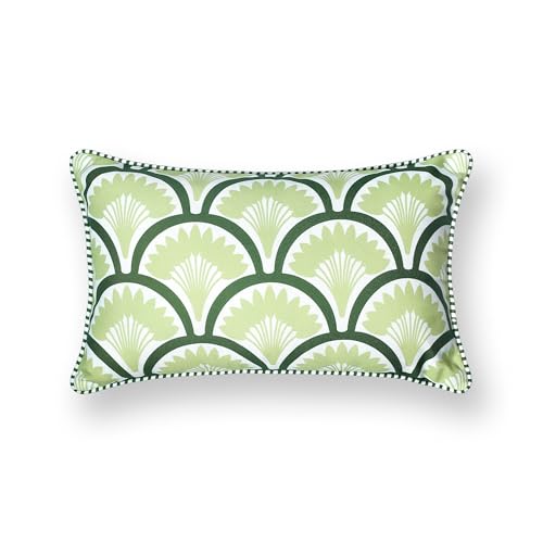 Hofdeco Premium Coastal Patio Indoor Outdoor Lumbar Pillow Cover Only, 12"x20" Water Repellent for Backyard, Couch, Green Print Tropical Ravenala Palm Tree