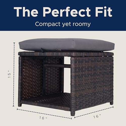 EZ Pro Goods Outdoor Storage Ottoman (Set of 2) - All-Weather Wicker Patio Footstool with Washable Cushions - Sturdy Rattan Foot Rest & Hidden Box for Deck, Porch, Backyard & Balcony