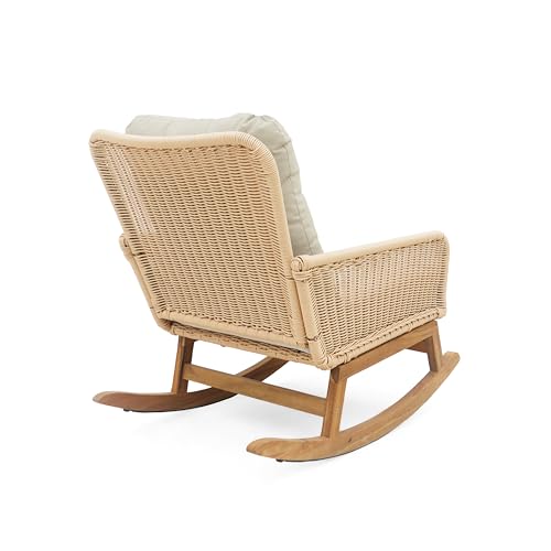 Christopher Knight Home Nadine Patio Rocking Chair, Wicker Rocker, Wood Leg Rocking Chair, PE Rattan Wicker Chair, Rocking Chair with Cushions, Comfort Wicker Rocker for Backyard Balcony Porch, Beige