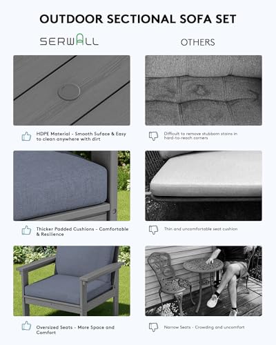 SERWALL HDPE Patio Furniture Set, 7-piece Outdoor Sectional Sofa Set, All Weather Outdoor Couch Set for Deck, Lawn, Grey Frame with Grey Cushion