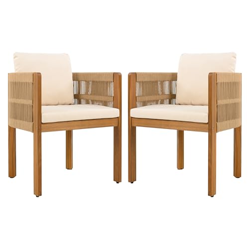 Christopher Knight Home Levi Set of 2 Outdoor Dining Chairs, Acacia Wood Patio Dining Room Chair with Waterproof Cushions, Rope-Wrapped Accents, Comfy Poolside Kitchen Chairs, Teak + Beige