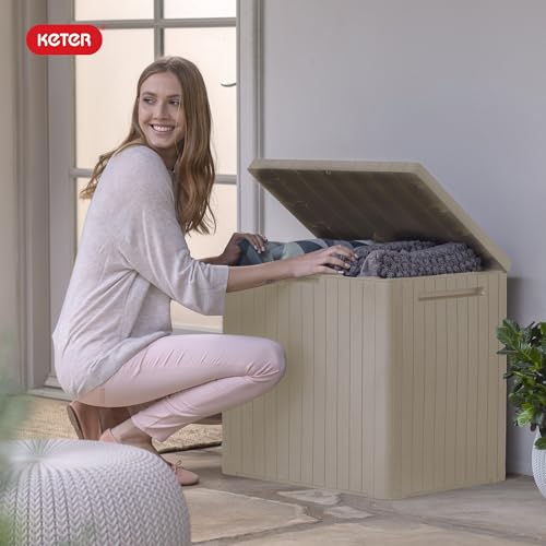 Keter City 30 Gallon Resin Outdoor Storage Box and Patio Furniture Side Table for Pool and Garden Accessories, Beige