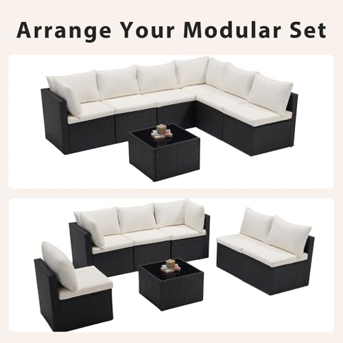 Sweetcrispy 7-Piece Outdoor Patio Sectional Sofa, Modular PE Wicker Outdoor Sectional with Thick Cushions, Rattan Patio Sofa Set with Coffee Table for Backyard, Poolside, Garden, Deck, Black