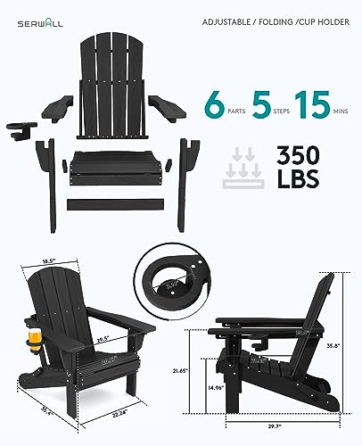 SERWALL Folding Adirondack Chair Set of 6, Adjustable Adirondack Chair with 3 Recline Positions, All Weather HDPE Outdoor Adirondack with Cup Holders, Black