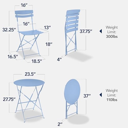 Best Choice Products 3-Piece Bistro Set, Space Saving Folding Design, Solid Steel, Outdoor Patio Furniture Set w/ 2 Chairs, Bistro Table - Light Blue