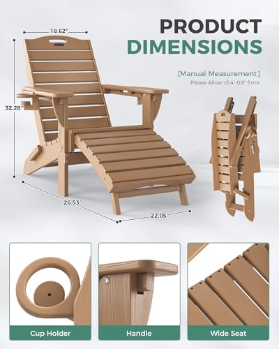 SUUNYN Folding Adirondack Chair with Retractable Ottoman Weather Resistant Fire Pit Chair Patio Chair with 2 Cup Holder Lawn Outdoor Lounge Chair (Teak)