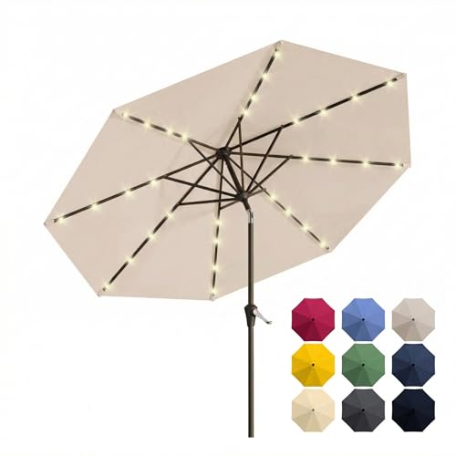 Patio Kingdom 10FT Solar Patio Umbrella with Lights, Outdoor Table Market Umbrella with 32 LED Lights, 8 Sturdy Ribs, Push Button Tilt and Crank for Pool, Deck and Garden, UV-Resistant, Beige