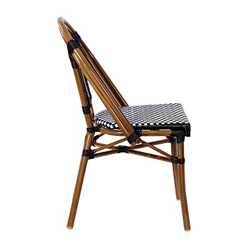 Flash Furniture Bordeaux Set of 2 Indoor/Outdoor Commercial Bistro Stack Chairs - Black/White PE Rattan Back and Seat - Natural Bamboo Print Aluminum Frame