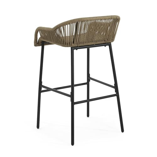 Christopher Knight Home Outdoor Patio Rope Weave Iron Barstools, Powder Coated Iron Frame Barstools, Black Brown, Set of 2