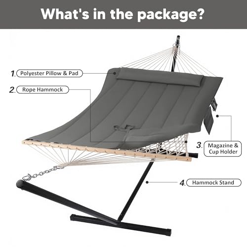 SUNCREAT Double Outdoor Hammock with Stand, Carrying Bag, Two Person Cotton Rope Hammock with Polyester Pad, Dark Gray