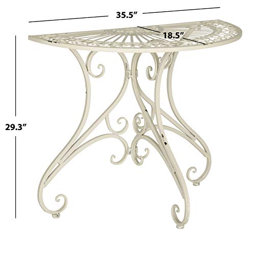 SAFAVIEH Outdoor - Annalise Half-Moon Accent Table - Antique White Iron Metal - Vintage Baroque Scrollwork - Ideal for Patio, Deck, Porch, Garden, 35.5" W x 18.5" D x 29" H (PAT5008A)