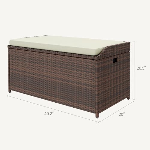 DWVO Outdoor Storage Bench, 70 Gallon Patio Storage Box w/Handles and Soft Cushion,PE Rattan Benches for Outside, Patio, Yard, Lawn, Garden,Brown