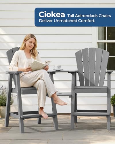 Ciokea Tall Adirondack Chairs Set of 2, HDPE Outdoor Adirondack Bar Stools with Double Connecting Tray, Weather Resistant High Back Adirondack Balcony Chairs for Deck, Lawn, Pool, Backyard, Grey