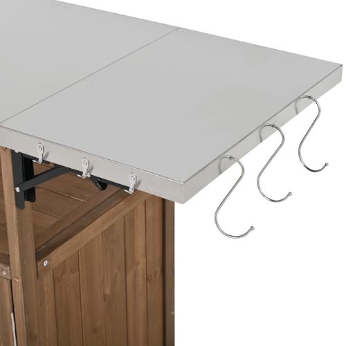 Christopher Knight Home Edsel Outdoor Bar Cart with Stainless Steel Top and Lockable Wheels, Solid Wood Outdoor Storage Cabinet, Kitchen Island Serving Cart for Poolside, Garden, Natural Brown+Silver