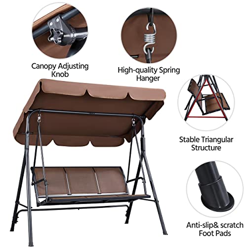 Yaheetech Outdoor Porch Swing Chair for Adults, 3-Seat Patio Hanging Swing w/Adjustable Canopy, Armrests, Porch Swing Sets w/Stand, Breathable Fabric for Backyard/Garden/Balcony, Dark Brown