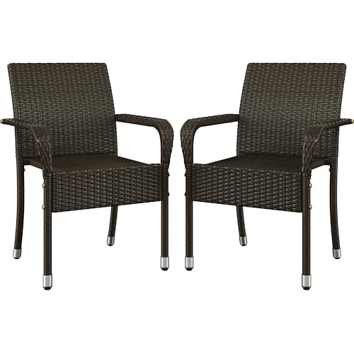 Yaheetech Set of 2 Stackable Outdoor Rattan Dining Chairs, All-Weather Armchair w/Armrests, Steel Frame for Garden, Patio, Deck, Yard, Poolside, Brown