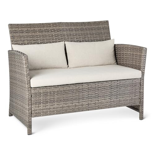 Amazon Basics Outdoor Patio Loveseat, 2-Seat Wicker Couch with Beige Cushions, Weather-Resistant