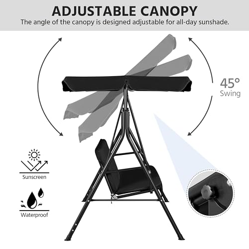 Yaheetech 3-Seat Patio Swing Chair, Outdoor Canopy Porch with Adjustable Canopy & Removable Cushion, Hanging Glider Lounge Chair for Patio, Garden, Yard, Porch - Black