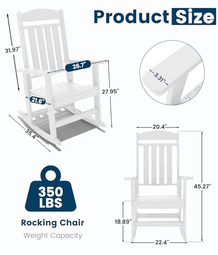 FOOWIN Patio Rocking Chairs Set of 2,HDPE High Back Porch Rocker,All Weather Resistant Poly Lumber Outdoor Porch Rocker, Rocking Chairs for Outdoor, Indoor, Patio, Deck, Garden White