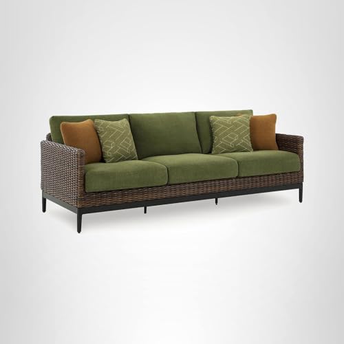 Signature Design by Ashley Horizon Hall Outdoor Sofa with Cushions, Rust-Resistant Aluminum Frame, Handwoven Resin Wicker 3-Seat Patio Couch for Deck or Sunroom, Green/Brown, 88" W