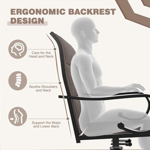MELLCOM Patio Swivel Chair Set of 2, High Back Padded Textilene Outdoor Dining Chairs with E-Coating Metal Frame, All-Weather Outdoor Furniture Rocker for Backyard, Porch, Garden, Lawn, Brown
