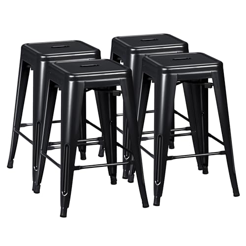Furmax 24 Inch Metal Bar Stools Set of 4, Counter Height Bar Stools Height High Backless Stools Industrial Stackable Bar Chairs for Dining Room Kitchen Indoor Outdoor Stools Bar Chairs (Black)
