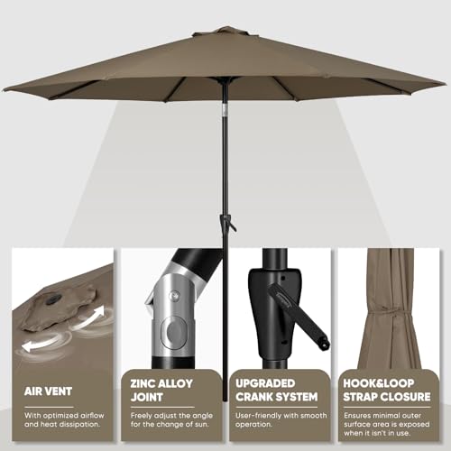 Tempera 9ft Patio Market Outdoor Table Umbrella with Push Button Tilt and Crank, Large Sun Umbrella with Sturdy Pole & Fade Resistant Canopy, Easy to Set, Taupe