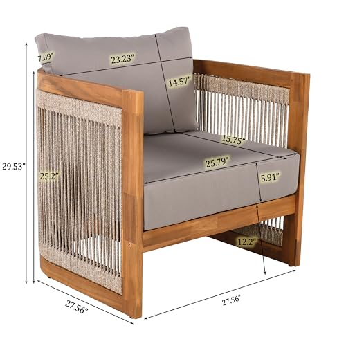 Christopher Knight Home Nesbit 4 Pieces Conversation Set, Acacia Wood Chat Set, Woven Rope Loveseat and Accent Chairs, Slat Panel Coffee Table, Patio Furniture Set for Backyard Balcony Garden, Gray