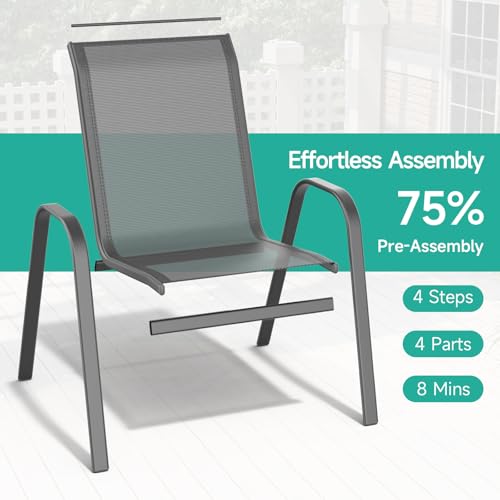 Dovov Patio Chairs Set of 4, All Weather Breathable Stackable Outdoor Dining Chairs with High Back and Wide Seat, Easily Set Up Outdoor Chairs Set of 4 with Metal Frame for Backyard Garden Pool, Grey