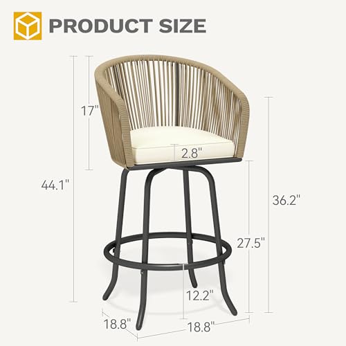 DWVO Outdoor Counter Height Bar Stools Set of 4, Patio Swivel Bar Chairs with Soft Cushions, 360° Rotation, Bar Height Rattan Chairs for Backyard, Poolside, Garden, Beige