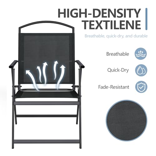SWITTE Folding Patio Chairs Set of 2, Outdoor Dining Chairs with Armrests, Breathable Textilene & Steel Frame for Lawn, Garden, Yard or Poolside - Black