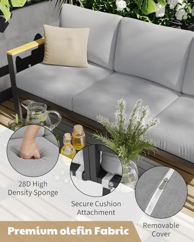 IDEALHOUSE Aluminum Patio Furniture Set, 7 Seats Outdoor Patio Conversation Sets with Coffee Table, 6 Pieces Metal Conversation Sectional Furniture Sofa for Balcony, Garden, Deck, Backyard,Gray