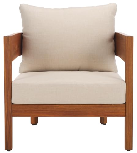 SAFAVIEH Outdoor - Theo Armchair Set of 2 - Natural & Taupe - Solid Wood with Cushion - Mid-Century Slatted Frame Design - Ideal for Patio, Deck, Porch, Backyard, 15" Seat Height (PAT7087A-SET2)