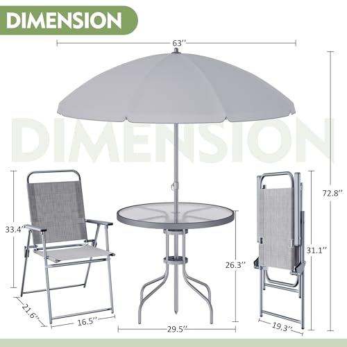 Shintenchi 6 Piece Outdoor Patio Furniture Set, Small Outdoor Patio Dining Table and Chairs Set, Outdoor Seating with Umbrella for Backyard, Balcony, Front Porch, Ice Silver