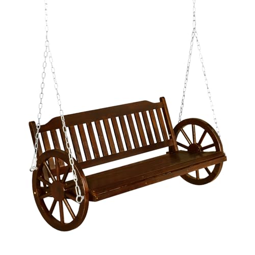 VINGLI Farmhouse Style Porch Swing, 5 FT Wooden Porch Swing Outdoor with Wheels Hold 880 LBS, Rustic Pine Wood Hanging Swing for Countryside, Yard, Garden
