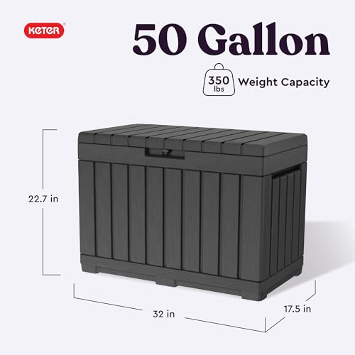 Keter Kentwood 50 Gallon Resin Deck Box-Organization and Storage for Patio Cushions, Throw Pillows and Garden Tools, Dark Grey