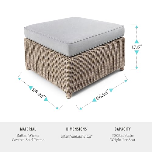 Martha Stewart Lily Pond Rattan Wicker Indoor-Outdoor Patio Ottoman in Weathered Gray with 4" Gray Olefin Cushion, Steel Frame and Zippered Removable Cushion Cover
