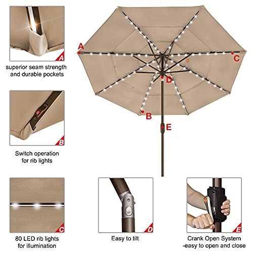 EliteShade USA 10-Year-Non-Fading 9ft 3-Tier Market Patio Umbrella, Commercial Table Umbrella with 80 Solar LED Lights, Crank Open, Windproof & UPF 50+ UV Protection for Garden, Deck, Pool, Backyard, Heather Beige