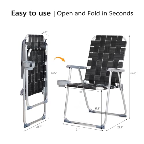 VINGLI Aluminum Patio Lawn Chairs Folding Set of 2 with Detachable Cup Holder, Webbed Beach Chair Folding Chair Outdoor Portable Camping Chair for Yard, Garden
