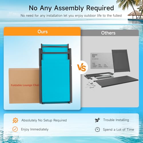Aluminum Chaise Lounge Chair Outdoor, Foldable & Assembly Free Outdoor Lounge Chair with 5 Position Adjustable Backrest, Patio Pool Lounge Chairs for Outside Poolside Beach Lawn, 1PC, Lake Blue