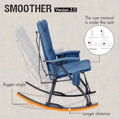 Portal Folding Rocking Camping Chair Outdoor, Thick Padded Rocking Recliner Chair Portable Camping Rocker for Patio Front Porch Backyard Lawn Living Room, Supports 400 LBS, Blue