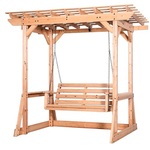 Backyard Discovery Callahan 8' x 5' Cedar Wood Outdoor Patio Pergola Swing Bench with Trellis, Two-Person Seating, Chains, Water Resistance, 600 Lb Weight Capacity for Porch, Patio, Deck, Garden