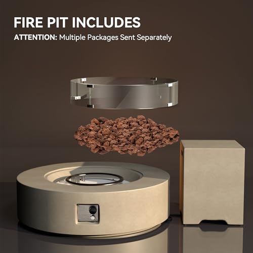 COSIEST 2-Piece Outdoor Propane Firepit Table Set w Tank Table, 42" Fire Table Certified, 50,000 BTU w Gray Round Base,Wind Guard and 16 inches Tank Side Table 20lb for Garden,Pool