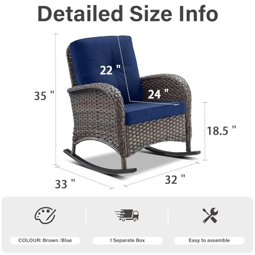 Belord Patio Rocking Chair Wicker Chair, 1 Piece Outdoor Rocking Chair Seating with Cushions for Porch Deck Balcony, Brown/Blue