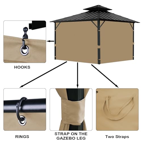 Tngan Gazebo Universal Replacement Privacy Curtain, 10'X12' Waterproof Outdoor Sidewall with Zipper for Patio, Garden and Backyard (4-Panels, Brown)