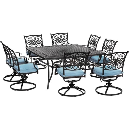 Hanover Traditions 9-Piece Rust Resistant Aluminum Outdoor Patio Dining Set with Blue Cushions, Swivel Rockers and Aluminum Square Dining Table, Outdoor Dining Set For 8