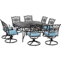 Hanover Traditions 9-Piece Rust Resistant Aluminum Outdoor Patio Dining Set with Blue Cushions, Swivel Rockers and Aluminum Square Dining Table, Outdoor Dining Set For 8