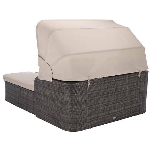 SAFAVIEH Outdoor - Victoria Grey Brown & Taupe Double Daybed, Rattan Canopy Lounger with Reversible Cushions, Cup Holders, Patio Furniture for Deck, Backyard, Poolside (PAT7759A)